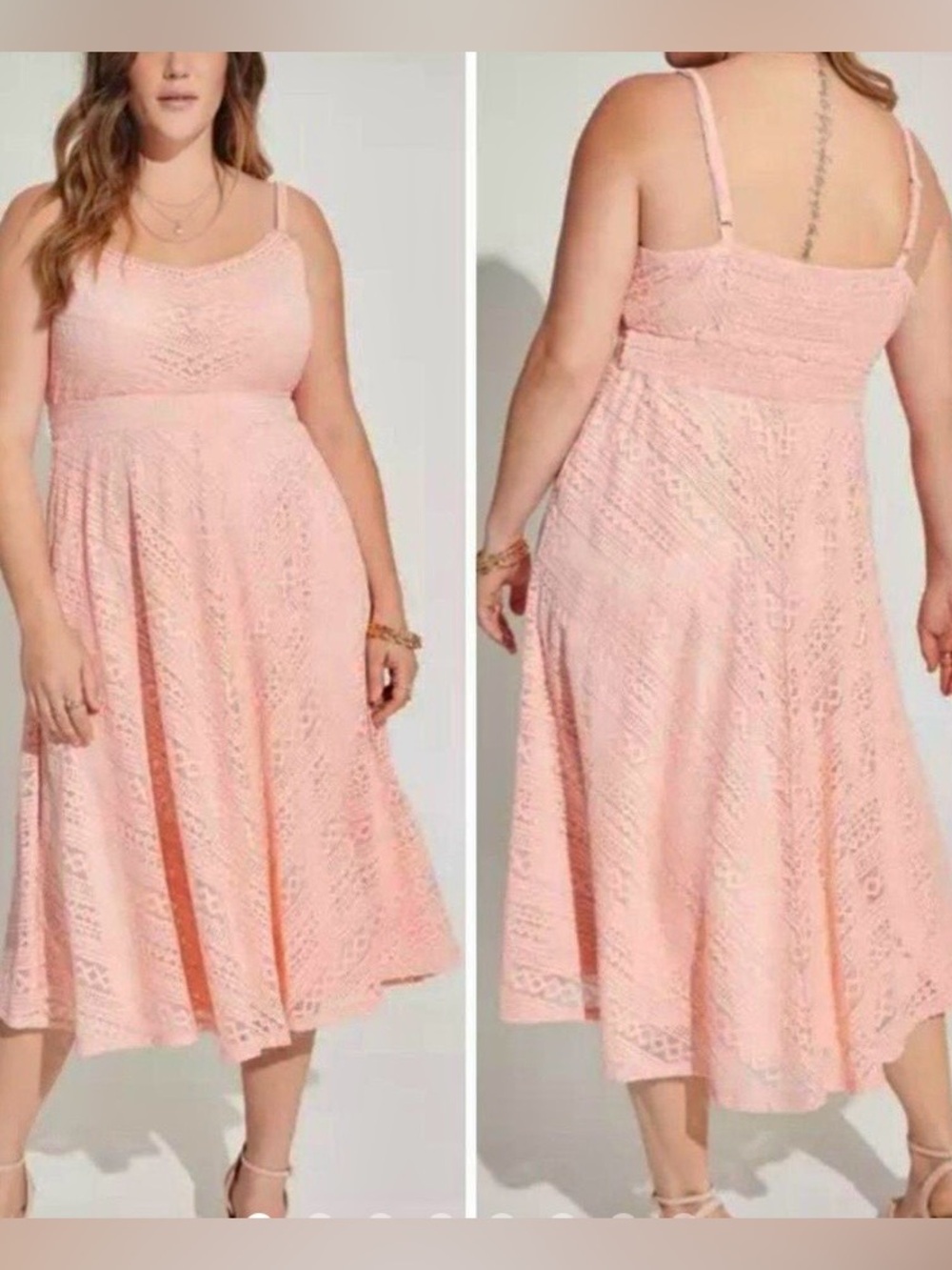 NEW TORRID SKATER DRESS 12 LARGE Pink Peachy Lace Overlay Eyelet Strappy Midi